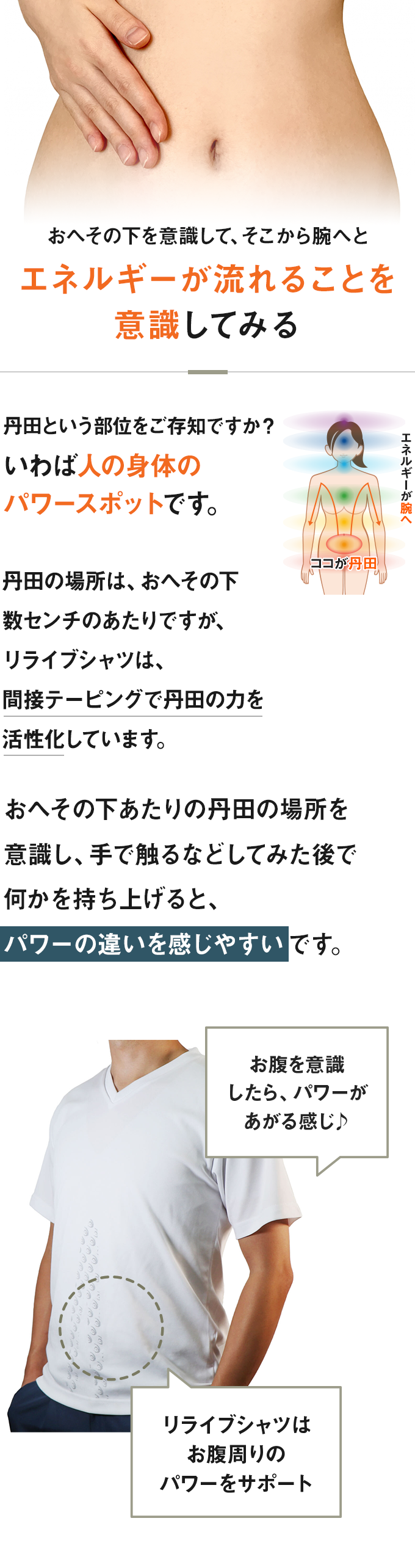 リライブシャツを着て、重い物を持ち上げるときは二の腕の筋肉を意識して、感謝してみましょう！感謝しながら、重いものを持ち上げて見てください。いつも以上のパフォーマンスに驚かれるかもしれません。ぜひ、バカ正直に、喜んで試してみてください。すると身体は言葉に反応してくれます。