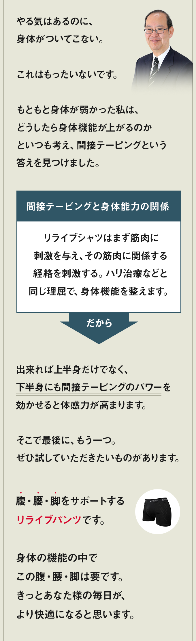 やる気はあるのに、身体がついてこない。	これはもったいないです。もともと身体が弱かった私は、どうしたら身体機能が上がるのかといつも考え、間接テーピングという答えを見つけました。	効かせると体感力が高まります。そこで最後に、もう一つ。ぜひ試していただきたいものがあります。間接テーピングと身体能力の関係：リライブシャツはまず筋肉に刺激を与え、その筋肉に関係する経絡を刺激する。ハリ治療などと同じ理屈で、身体機能を整えます。だから、出来れば上半身だけでなく、下半身にも間接テーピングのパワーを効かせると体感力が高まります。そこで最後に、もう一つ。ぜひ試していただきたいものがあります。腹・腰・脚をサポートするリライブパンツです。身体の機能の中でこの腹・腰・脚は要です。きっとあなた様の毎日が、より快適になると思います。